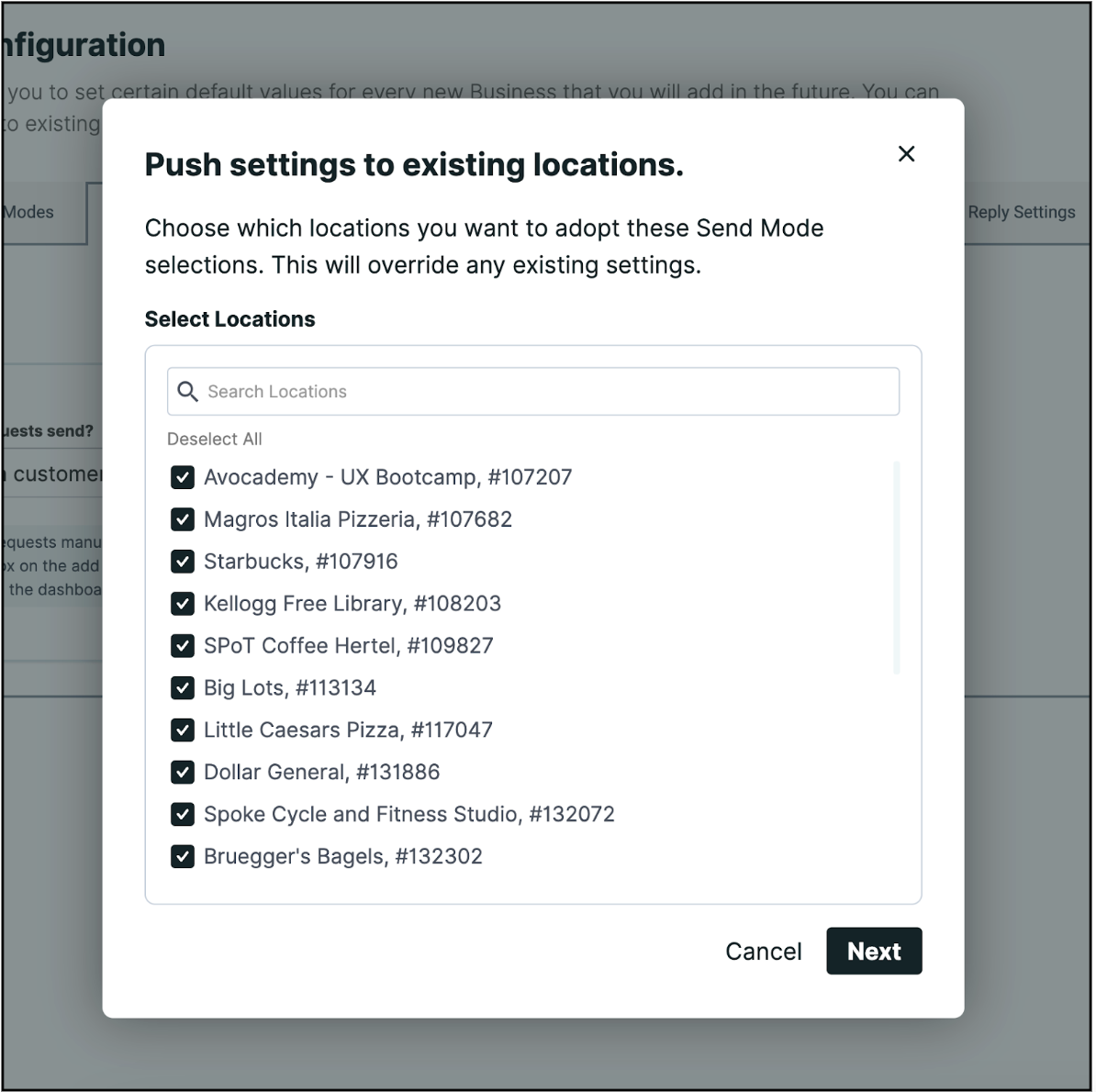 Push Default Settings To Current Locations